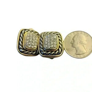 Vintage Pave Rhinestone Square Silver Tone Gold Tone Clip on Earrings
